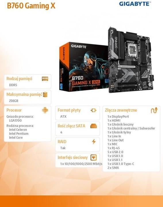 Produktbild Gigabyte B760 Gaming X GEN5 (B760,S1700,ATX,DDR5) (LGA 1700, Intel B760, ATX)