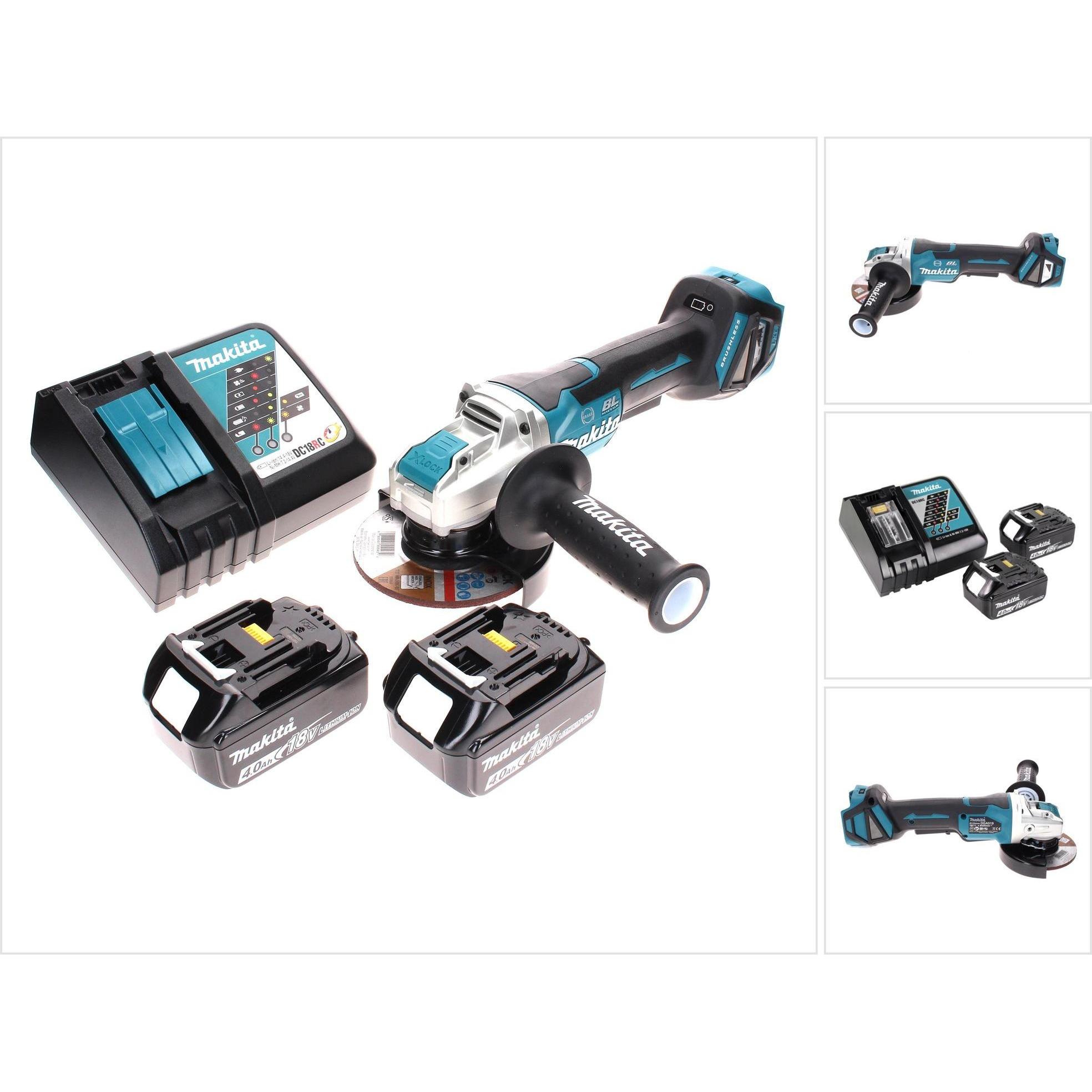 Makita, Winkelschleifer, DGA 519 RM Akku Winkelschleifer 18 V 125 mm Brushless X-Lock + 2x Akku 4,0 Ah + Ladegerät (125 ...