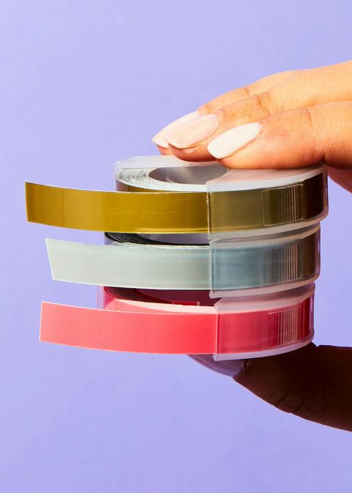 Actual product image KoRo Multi-coloured embossing tapes for labelling device 9 mm x 3 m (0.90 cm, Gold, Rose, Silver)
