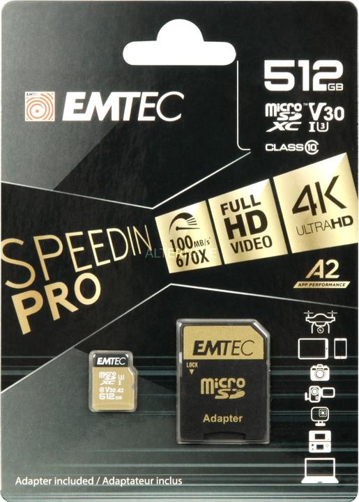 Image du produit Emtec mSD 512GB UHS-I U3 V30 A2 SpeedIN (512 Go, microSDXC, U3, UHS-I)