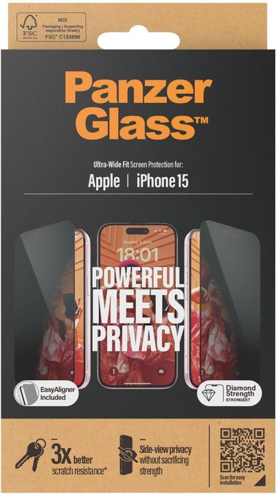 Produktbild PanzerGlass Privacy Screen Protector Ultra-Wide Fit w. EasyAlig. (1 Stück, Apple iPhone 15)