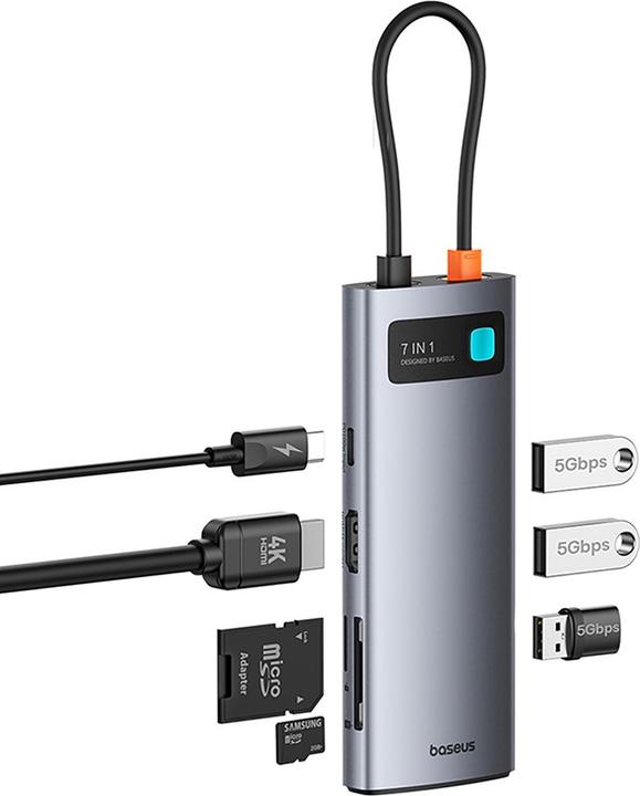 Actual product image Baseus Metal Gleam 7in1 HDMI 4K 60Hz USB-C Hub / 3x USB 3.0 / USB-C PD / SD / microSD - Grau (USB-C, 7 ports)
