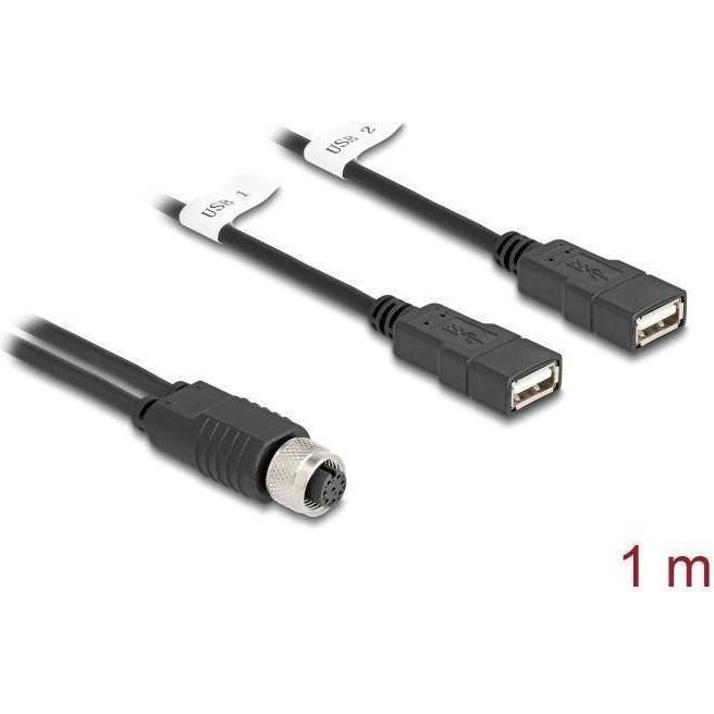 Delock M12 Kabel A-kodiert 8 Pin Buchse zu 2 x USB 2.0 Typ-A (1 m, USB 2.0), USB Kabel