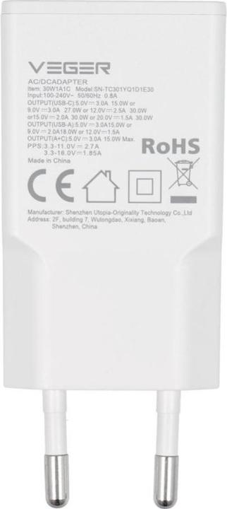 Produktbild Veger Adapter wall charger USB A + USB C QC PD 30W 30W1A1C white (30 W, 2 Ports)
