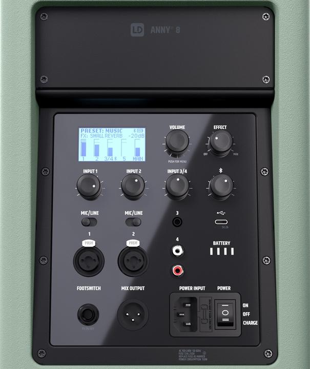 Immagine prodotto LD Systems ANNY® 8 GN - Altoparlante PA Bluetooth® portatile con batteria ricaricabile e mixer, verde avventura (Attivo, 1x 80 W)