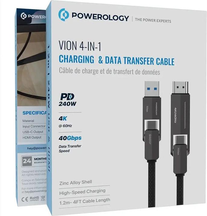 Produktbild Powerology 4 IN 1 USB-C zu HDMI zu USB-C Kabel- Schwarz (1.20 m, USB 4.0, 240 W)