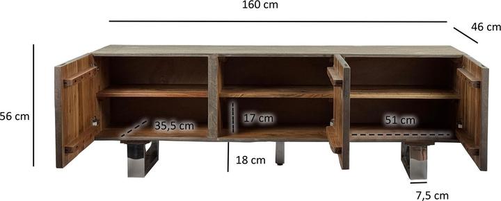 Produktbild FineBuy TV Schrank Lowboard 160 cm Smoked Grey Holz Massiv Fernsehkommode Grau