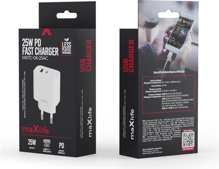 Immagine prodotto Maxlife MXTC-06-25AC Caricatore PD QC 1x USB-C 1x USB 25W bianco (25 W, 2 porte)
