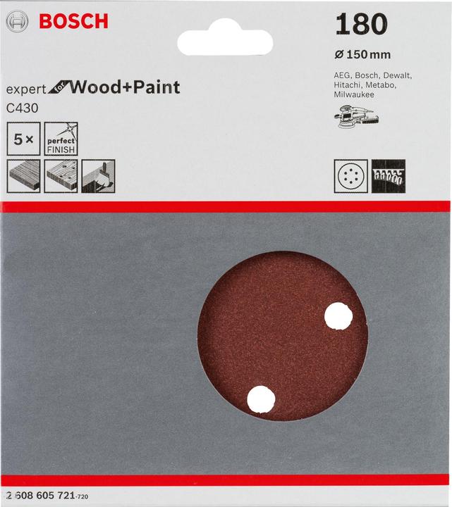 Image du produit Bosch Professional Zubehör Feuille abrasive C430, 150 mm, 180, 6 trous, auto-agrippant, paquet de 5 (180)
