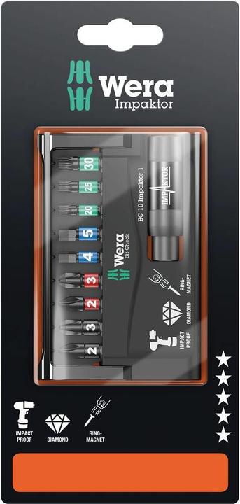 Actual product image Wera Bit-Check 10 Impaktor 1 SB (Hexagon, 1/4 in external hexagon, TORX® BO, PH, PZ)