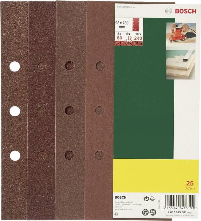 Produktbild Bosch Zubehör Schwingschleifer-Schleifblatt-Set, 25-teilig, 8 Löcher, 93 x 230 mm, 60-240 (120, 240, 60, 80)