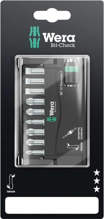 Actual product image Wera Bit-Check 10 Universal 3 SB (Cross Phillips PH, Cross Pozidriv PZ, Screw slot)