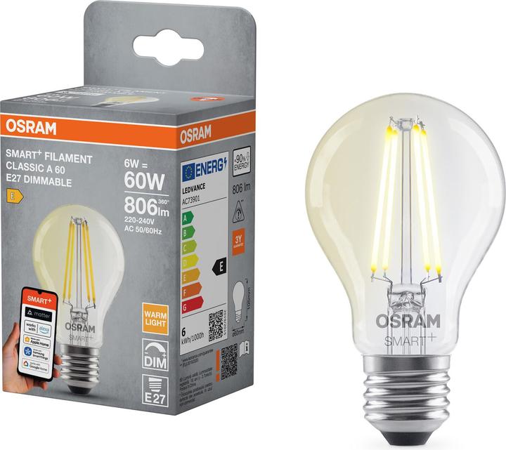 Produktbild Osram SMART+ MATTER FILAMENT CLASSIC shapes DIMMABLE 6W 827 FILAMENT DIM E27 (E27, 806 lm, 4x)