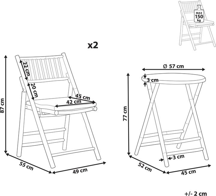 Actual product image Beliani Balcony set bamboo wood light brown cushions cream white foldable SAVALLETRI