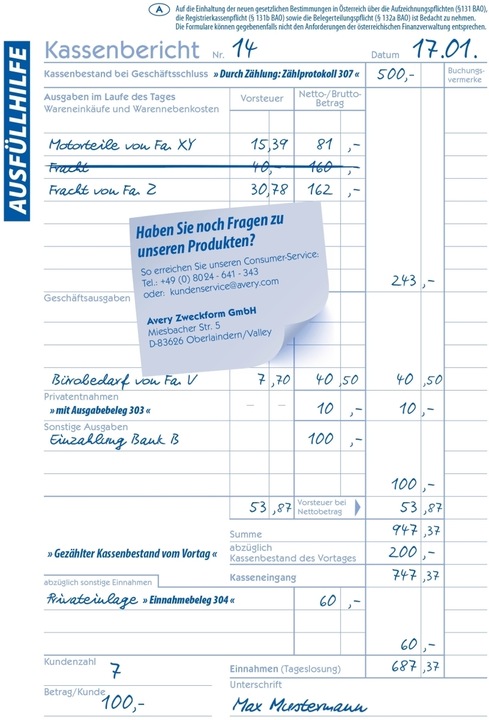 Nährwerte und Zutaten Avery Kassenbericht (50 x)