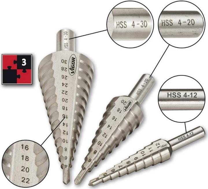 Produktbild Vigor HSS Stufenbohrer-Set 4 - 12 mm (12 Millimeter, 4 Millimeter)