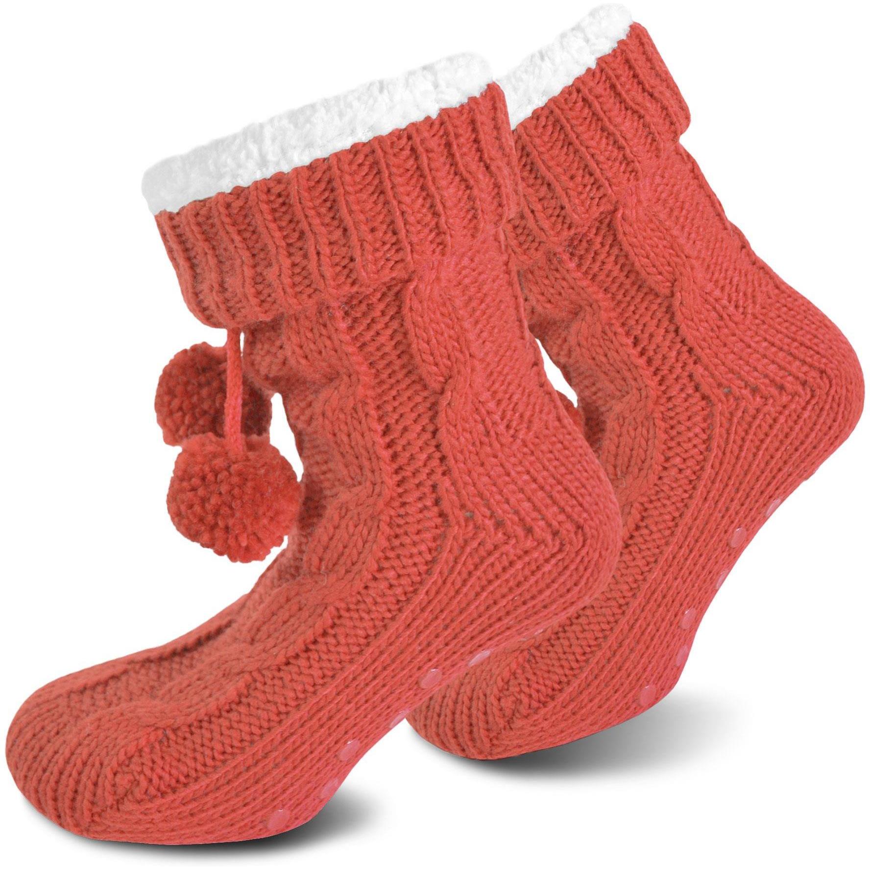 Normani, Damen, Socken, Strick-Hausschuhe mit Bommeln und ABS, Rosa, (Einzelpack, 36 - 40)