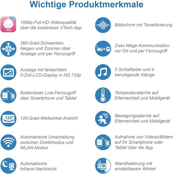 Produktbild VTech WLAN-Babyfon mit Kamera, 5 Zoll HD-Display, 1080p, App-Steuerung, iOS/Android kompatibel