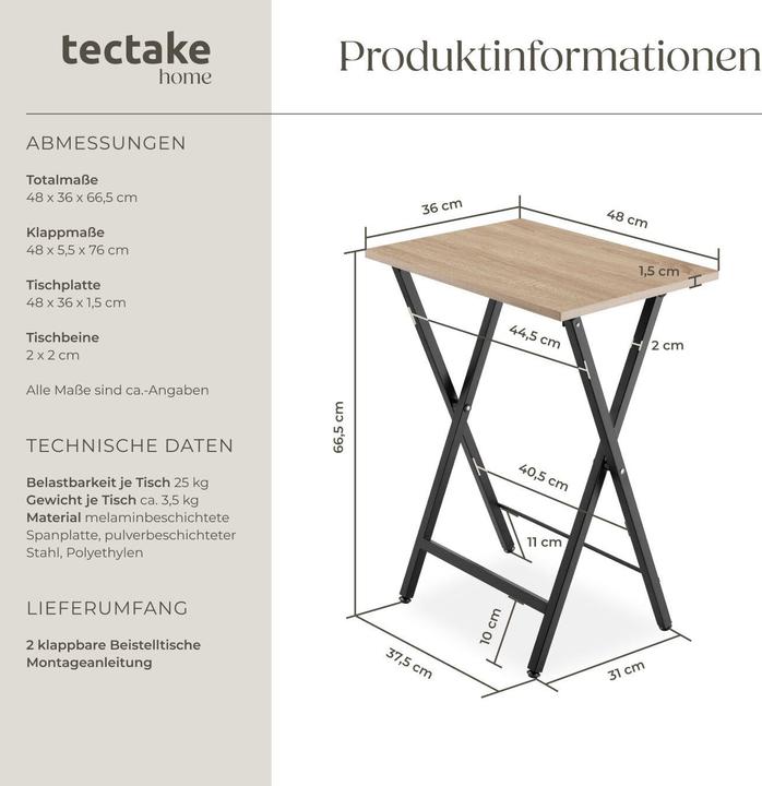 Produktbild tectake 2er Set Beistelltische Phoenix klappbar (48 x 36 x 66.5 cm)