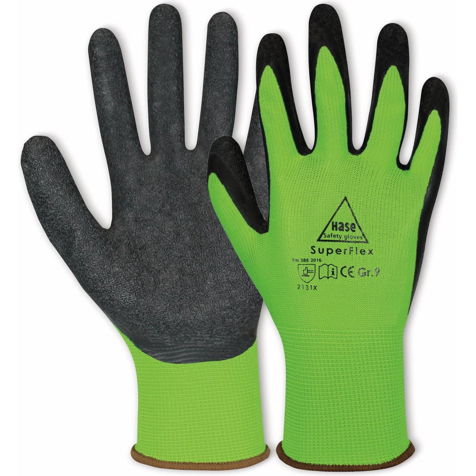 Hase Safety Gloves, Schutzhandschuhe, Latex-Arbeitshandschuhe Superflex, EN 388, EN 420, Grösse 7, grün/schwarz (7)
