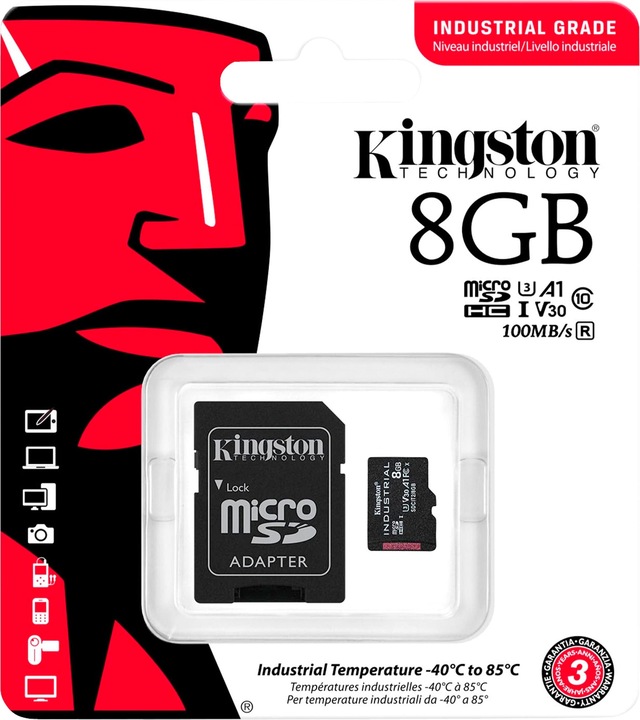 Actual product image Kingston microSDHC Industrial pSLC (8 GB, microSDHC, U3, UHS-I)