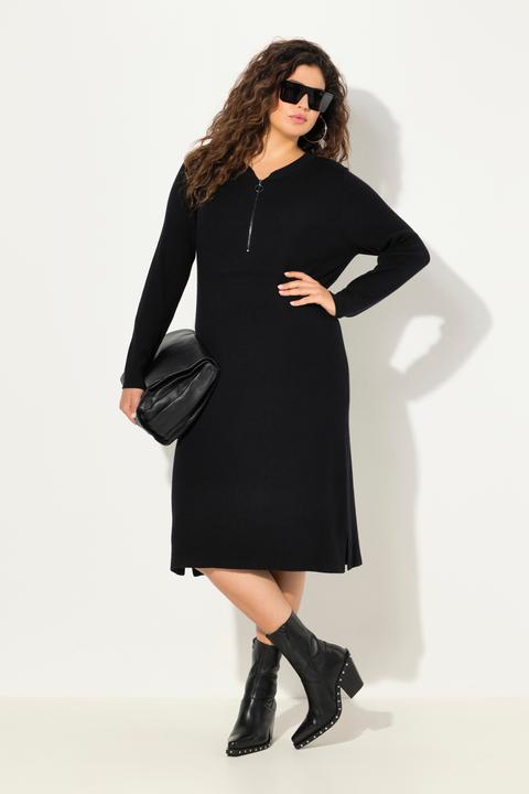 Produktbild Ulla Popken Rippjersey-Midikleid, Zipper, A-Linie, V-Ausschnitt, Langarm (46, 48)