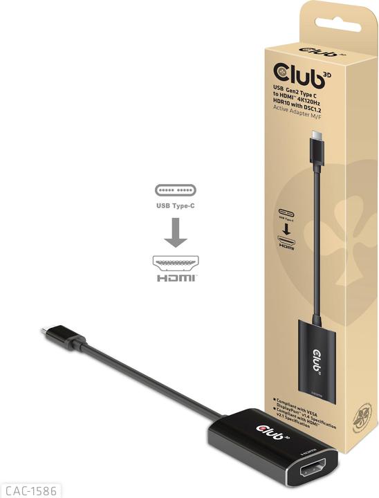 Produktbild Club 3D USB-Typ-C Gen2 auf HDMI™ 4K120Hz HDR10 mit DSC 1.2 aktiv St./B. (HDMI, 15 cm)