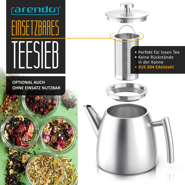 Produktbild Arendo Teekanne aus Edelstahl, Metallgriff, Siebeinsatz, 1L, Isolierkanne, Doppelwandig, Edelstahl Teesieb (1 l)