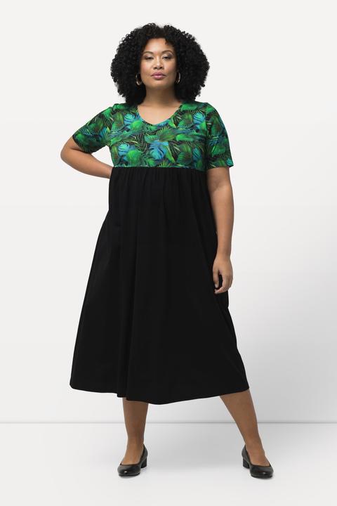Produktbild Ulla Popken Jerseykleid, Blätter, A-Linie, V-Ausschnitt, Halbarm (54)