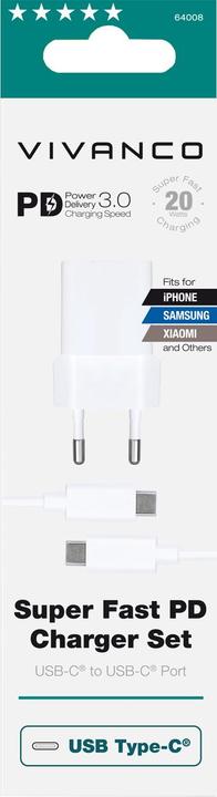 Actual product image Vivanco PD3.0 USB-C charging set, 20W, incl. 1.2m USB-C cable, white (20 W)