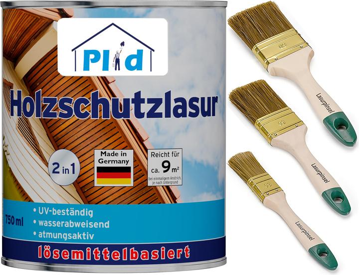 Plid Wood glaze 0.75l for approx. 9m² + 3-piece glaze brush set / wood protection glaze