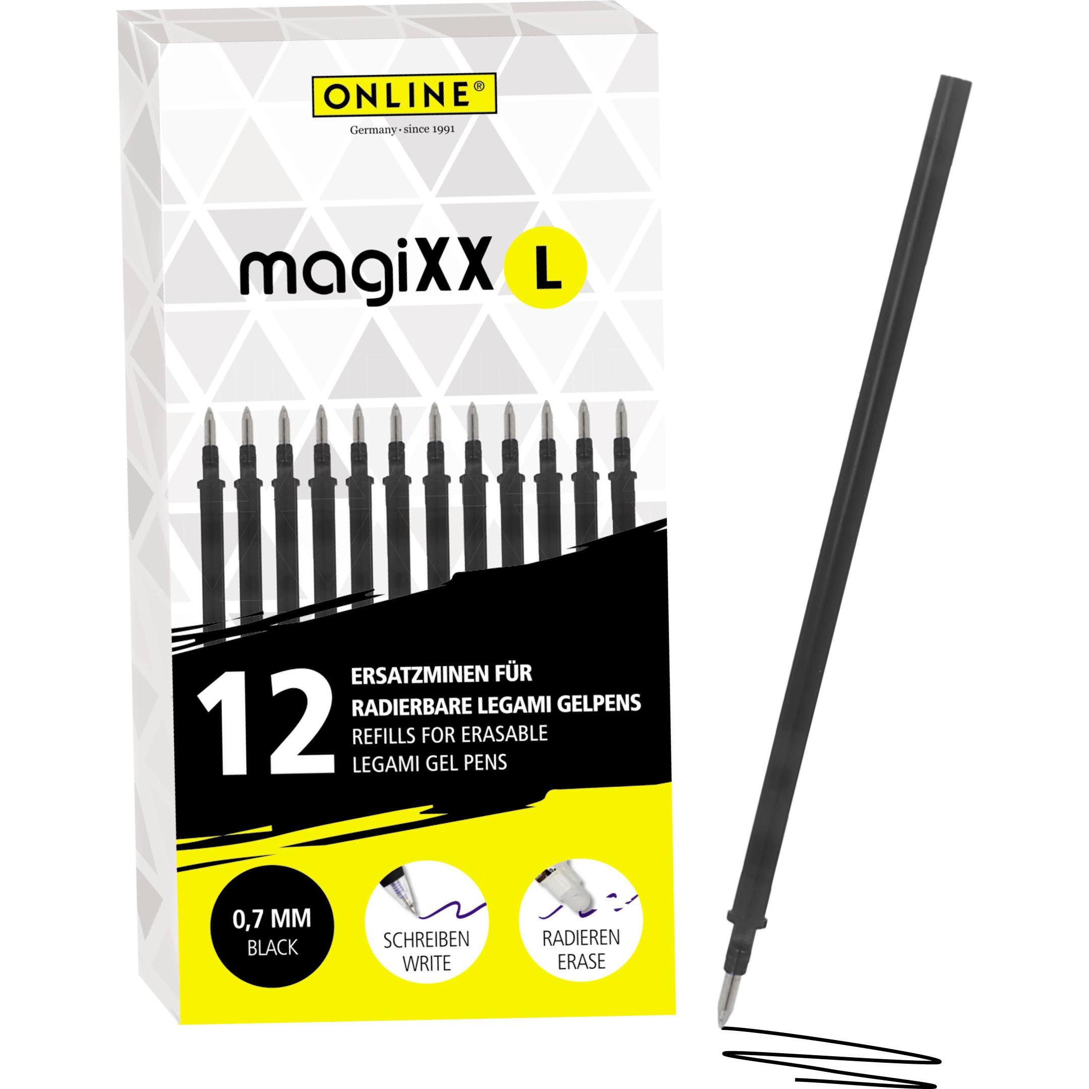 Online, Cartucce di ricambio, 12er Pack Gel-Mine magiXX L radierbar, schwarz (12 pz., Nero, 0.70 mm)