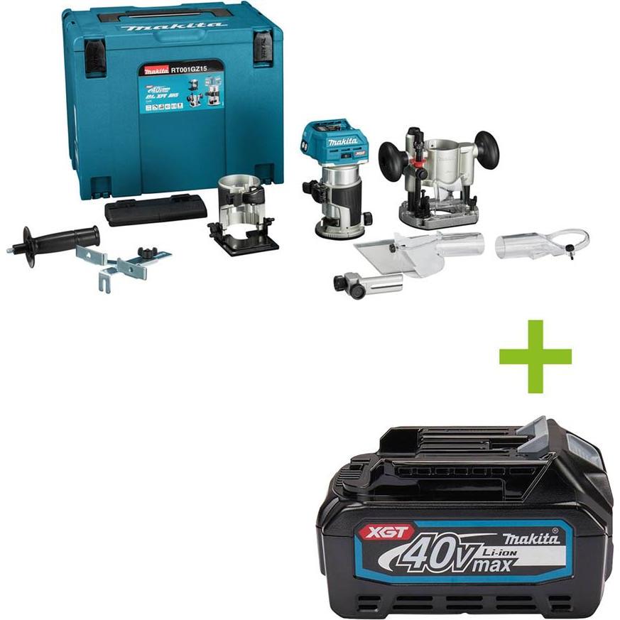 Makita, Fresa, RT001GZ15 Accu Boven- en Kantenfrees met diverse voeten en geleiderailadapter 40V Max Basic Body in
