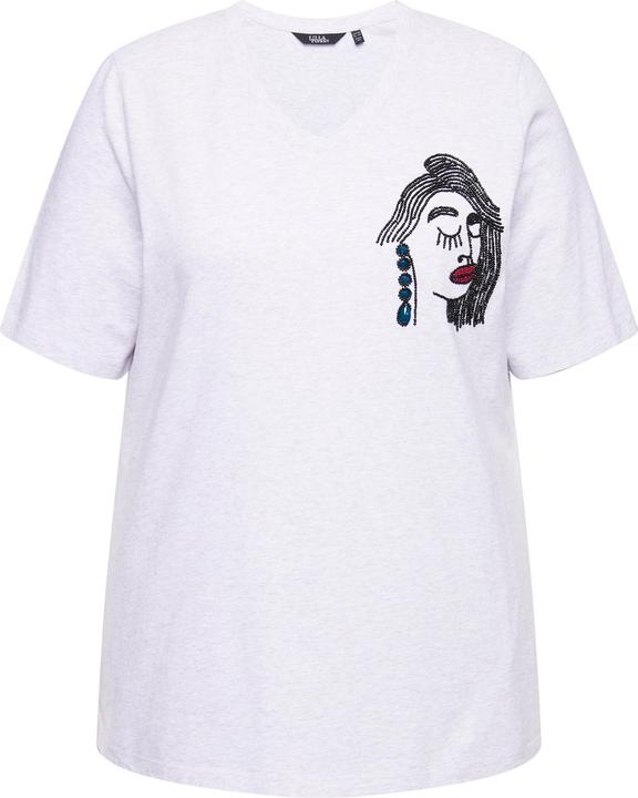 Actual product image Ulla Popken Embroidered Face Motif Short Sleeve V-Neck Tee (50, 52)