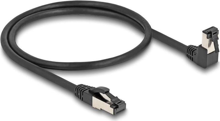 Actual product image Delock RJ45 network cable Cat.8.1 S/FTP 90° bottom angled / straight 0.5 m black (S/FTP, CAT8.1, 0.50 m)