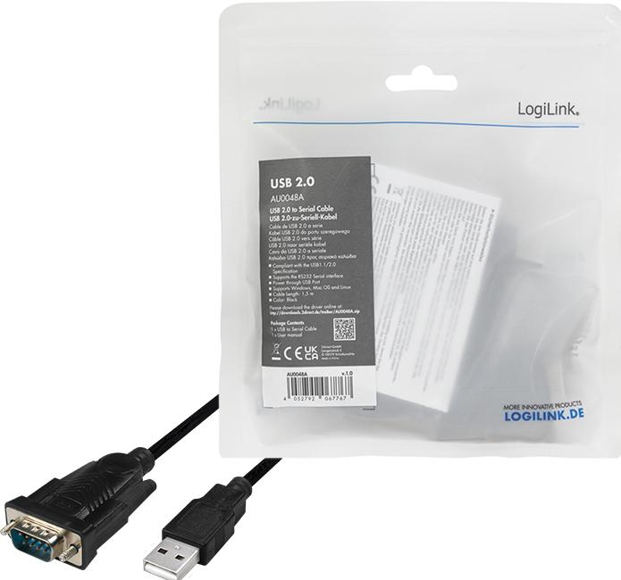 Immagine prodotto LogiLink Cavo adattatore USB 2.0 RS232, nero, 1,5 m Connettori: Connettore USB-A, connettore DB9 (1.50 m)