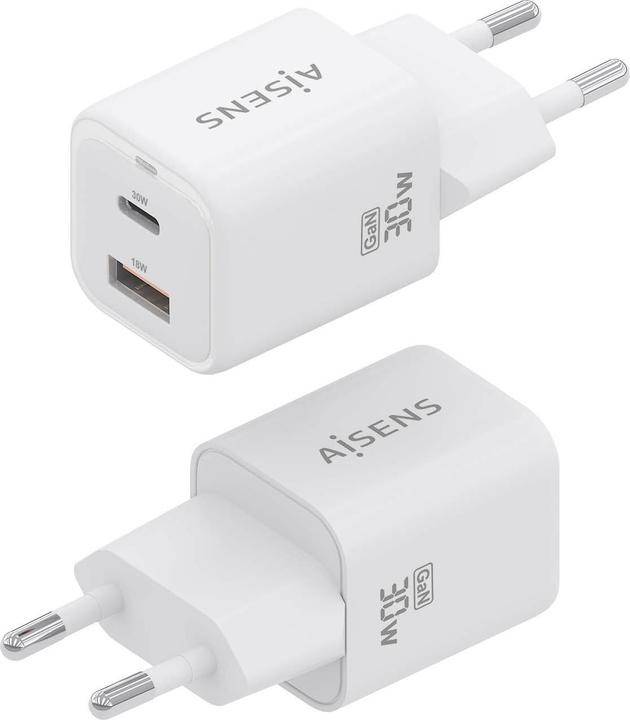 Actual product image Aisens Gan 30W Charger, 1xUSB-C PD3.0 QC4.0, 1xUSB-A QC3.0, White (30 W, 1 portion)