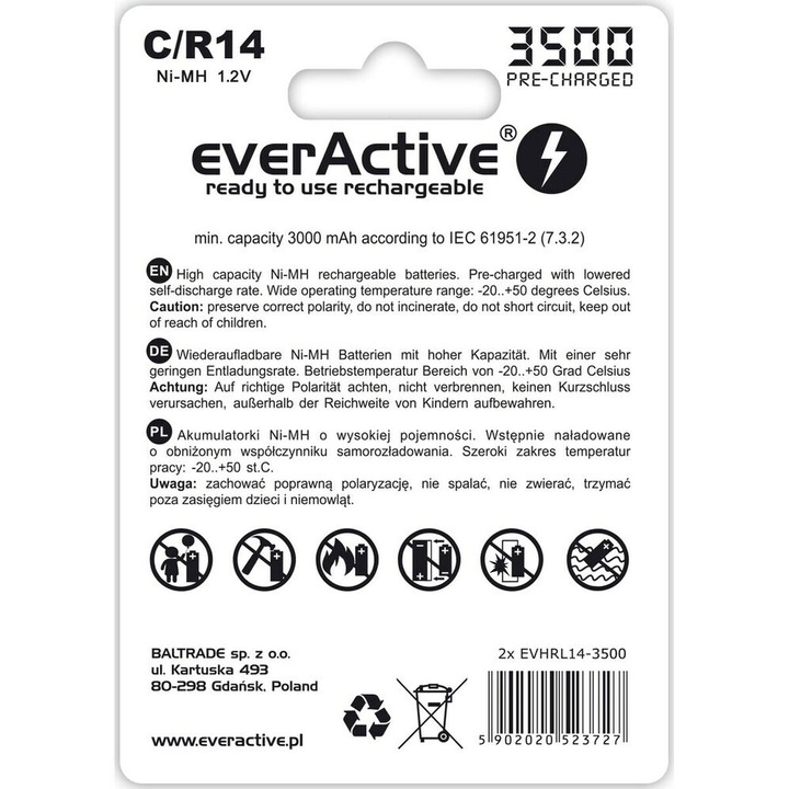 Energy Label Everactive Rechargeable Batteries R14/C Ni-MH 3500 mAh ready to use - Battery - Baby (C) (2 pcs., C, 3500 mAh)