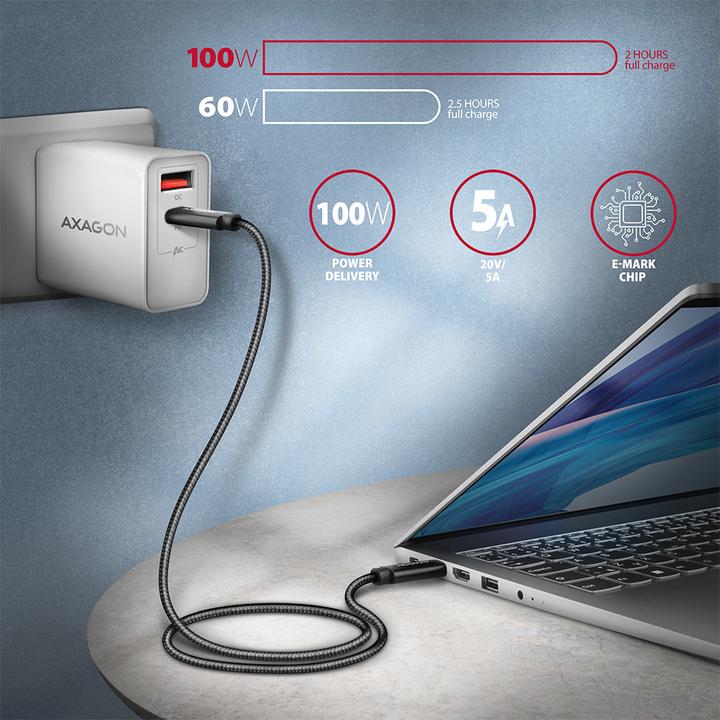 Actual product image Axagon BUCM432-CM10AB USB-C to USB-C cable, USB4 Gen 3×2, 1m, PD 100W, 8K HD, ALU, braided - black (1 m, USB 4.0, 100 W)