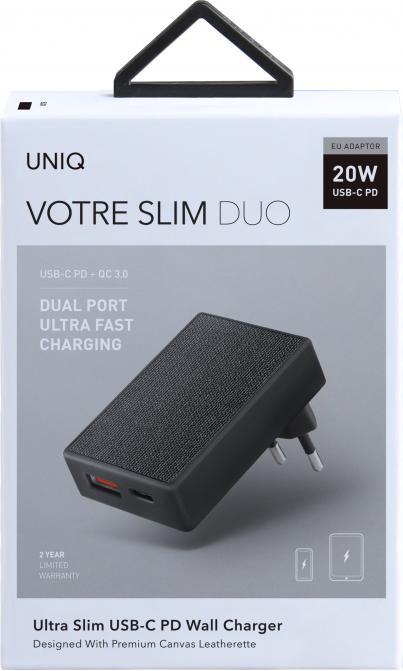 Produktbild Uniq Votre Slim Duo 1x USB-A 1x USB-C 3 A Ladegerät (359BLK) (20 W, 1 Port)