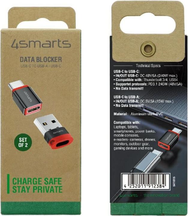 Produktbild 4smarts USB-C auf USB-A / USB-C Datenblocker Adapter, 2er Set, schwarz (USB 3.2 Gen 2, 240 W)