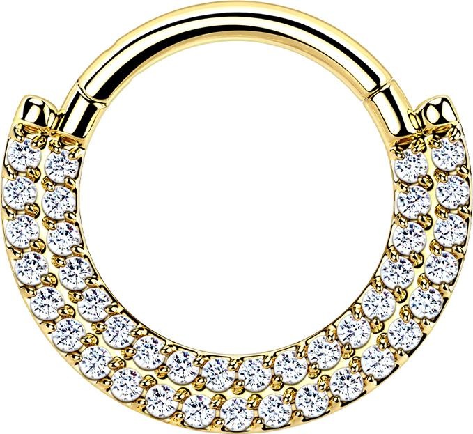 Produktbild Star Piercing Micro Segmentring klappbar vergoldet Schild doppel front Kristalle silber (ohne Messing, Titan G23)