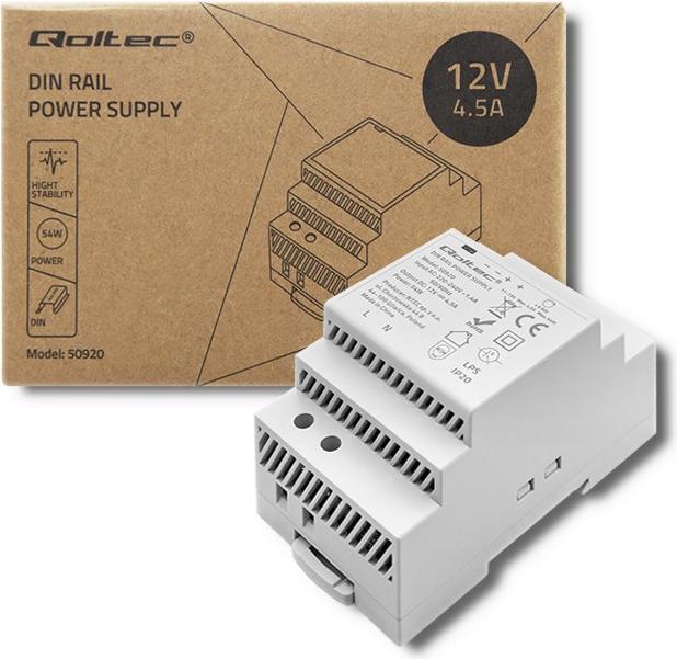 Image du produit Qoltec Alimentation pour rail DIN | 54W | 12V | 4 5 A | Gris