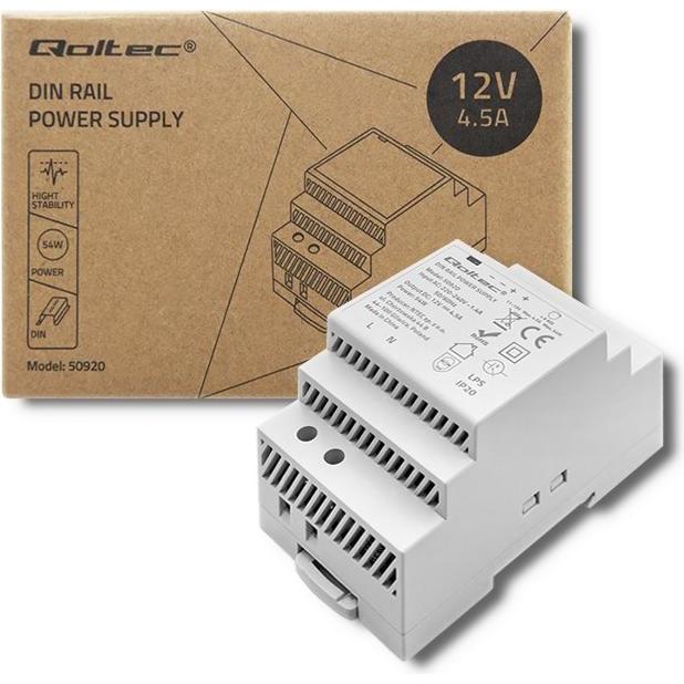 Qoltec DIN-Schienen-Netzteil 54W 12V 4 5 A Grau (54 W), PC Netzteil, Grau