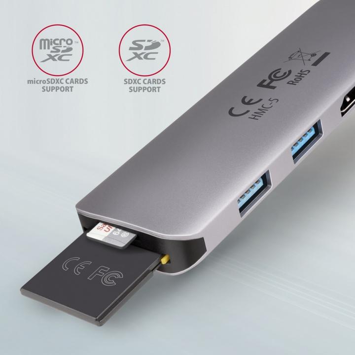 Produktbild Axagon HMC-5 USB-C-Hub, 2x USB-A, HDMI, 2x USB-C 3.2 Gen 1, 1x SD, 1x microSD (USB-C, 7 Ports)