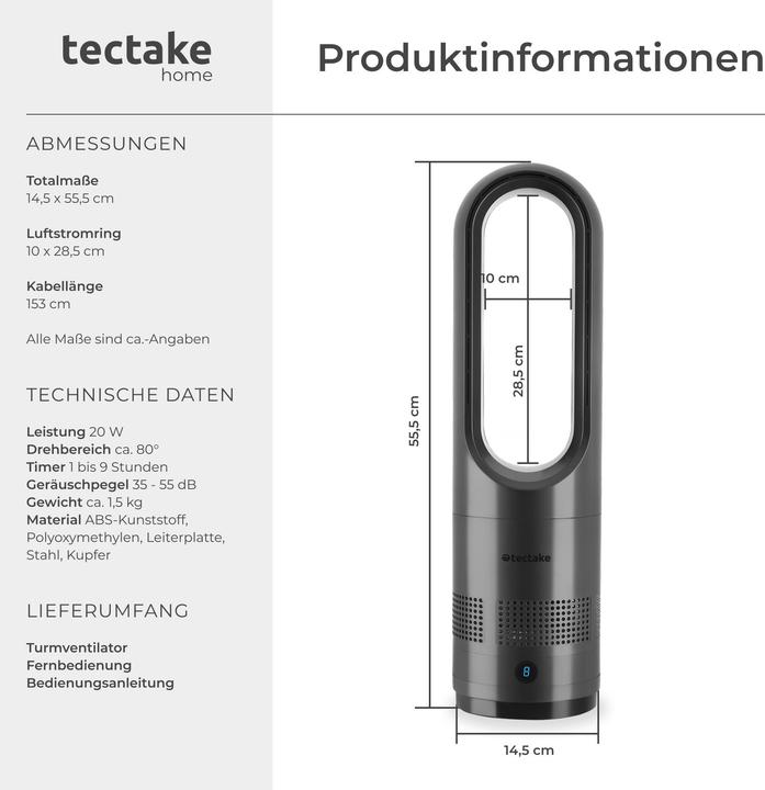 Produktbild tectake Turmventilator Polar, 80° Oszillation, inkl. Timer (55 dB)