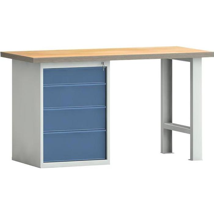 KLK, Werkbank + Arbeitsbock, Werkbank PW 700 B2000xT700xH840mm Buche Multiplex lichtgrau enzianblau 4 Schubl. (200 cm, 7...