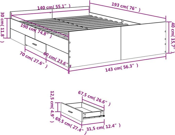 Produktbild VidaXL Bettgestell mit Schubladen (140 x 190 cm)