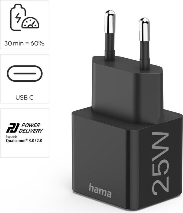 Image du produit Hama Mini-chargeur, Power Delivery (PD)/Qualcomm®, 25 watts, noir (25 W, 1 portion)