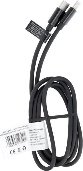 Actual product image OEM Cable Cable Type C to Type C PD QC 3A 60W C296 (long conector 8mm) 1 m black (1 m, 60 W)